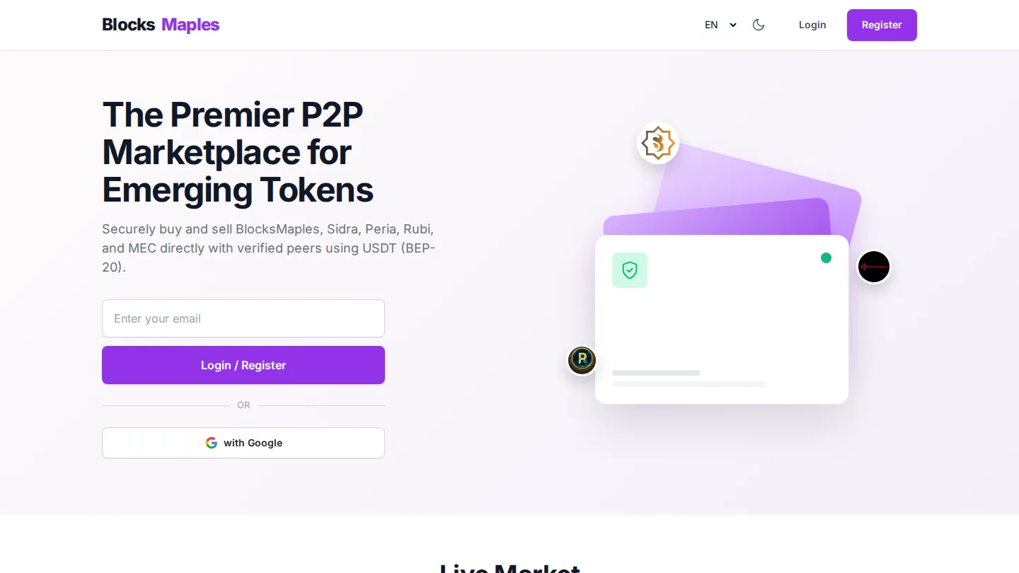 The BlocksMaples landing page: “The Premier P2P Marketplace for Emerging Tokens”, with an email sign-up and the start of the live market table.