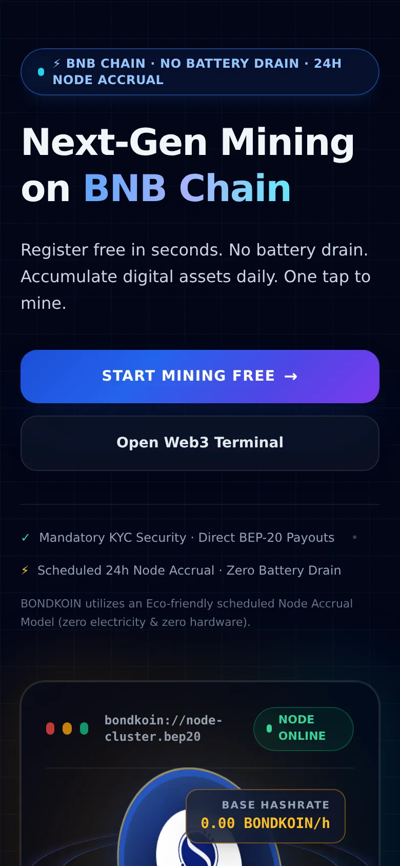The Bondkoin Labs landing page on a phone, with the headline, the start button and the KYC and payout notes.